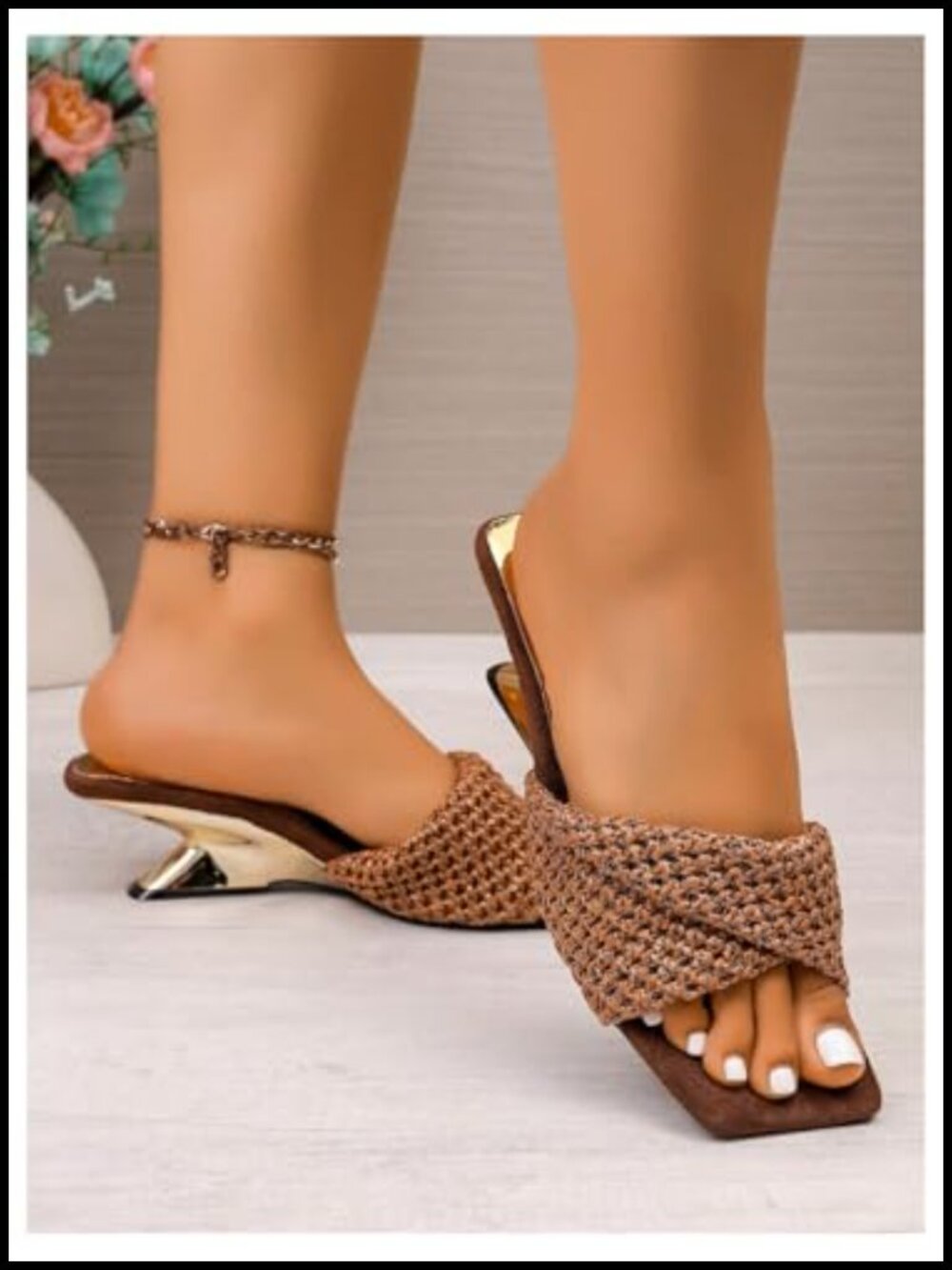 Raffia Wedge Sandals Boho Square Toe Slip On Heeled Sandals Dressy - Picture 2 of 4